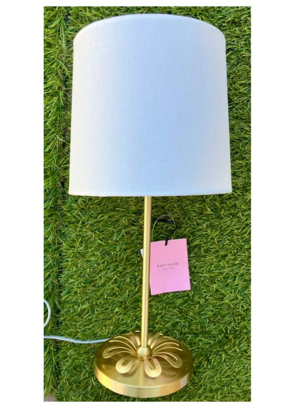 Kate Spade Table Lamp Brushed Brass Metal White Barrel Shade Flower Design NEW